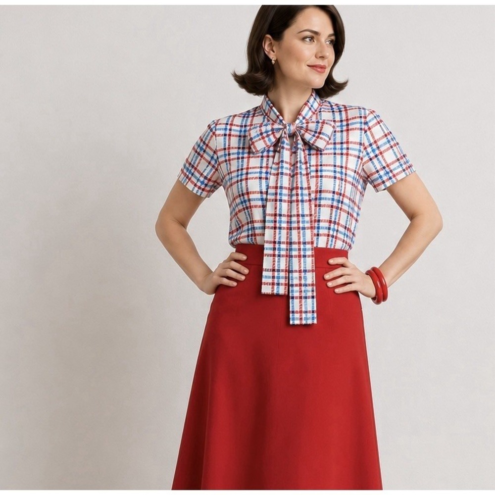Women's Short Sleeve Tie Neck Plaid Blouse Red Blue White XL Office Academia